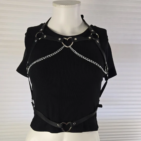New! Heart Themed Black Harness Bra Chain Festival Rave Goth Adjustable - Picture 2 of 9